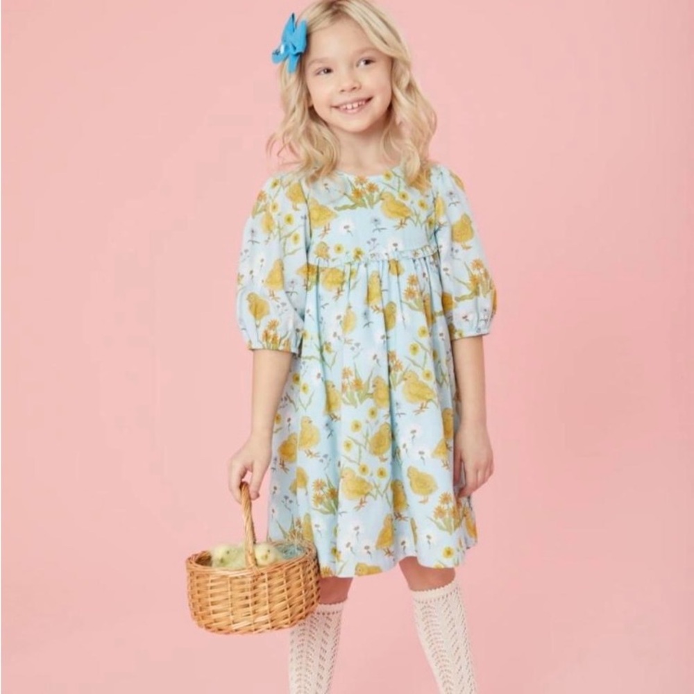 **NWT** Pink Chicken Light Blue Dress with Yellow Chick and Floral Pattern
